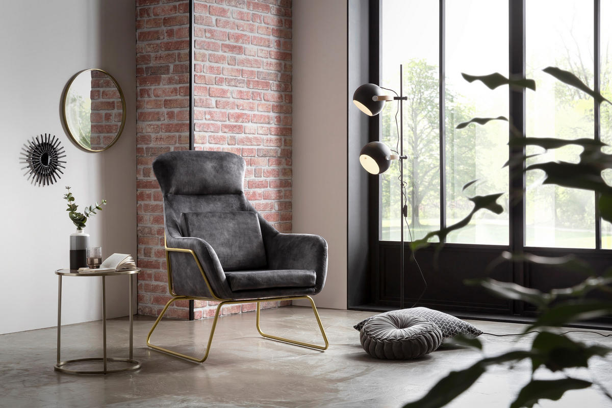 SESSEL in Samt, Velours Grau  - Messingfarben/Grau, MODERN, Textil/Metall (73/102/80cm) - Livetastic