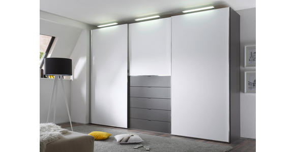 SCHWEBETÜRENSCHRANK in Grau, Weiß - Chromfarben/Weiß, Design, Glas/Holzwerkstoff (298/240/68cm) - Moderano