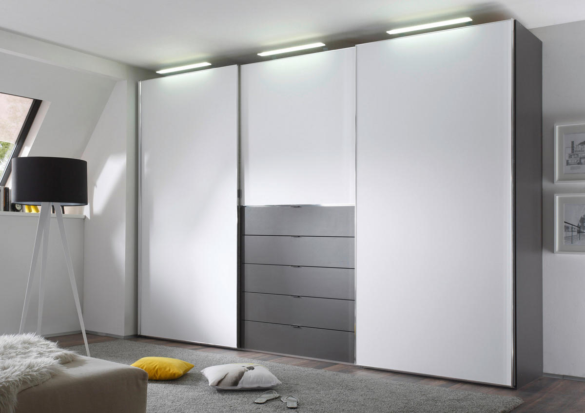  SCHWEBETÜRENSCHRANK 298/240/68 cm 3-türig  - Chromfarben/Weiss, Design, Glas/Holzwerkstoff (298/240/68cm) - Moderano