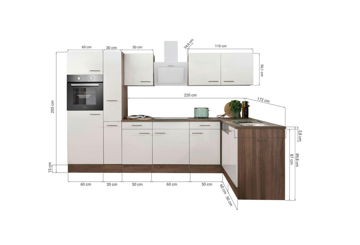 HÖRNKÖK 310/172 cm  i vit  - vit/ekfärgad, Basics, metall/trämaterial (310/172cm) - Respekta