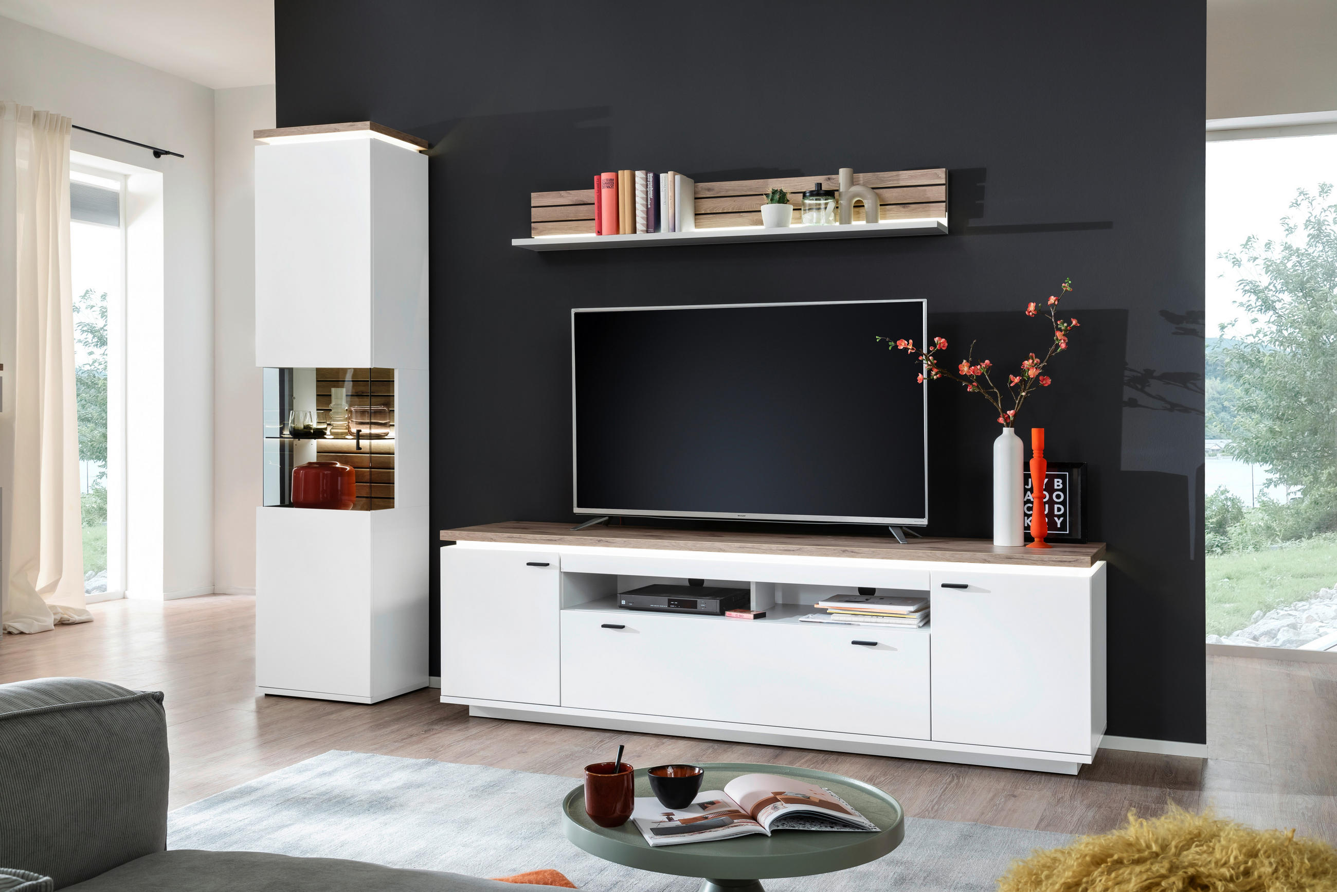 WOHNWAND  in Eichefarben, Weiß  270/207/50 cm  - Eichefarben/Anthrazit, Design, Glas/Holzwerkstoff (270/207/50cm) - Stylife