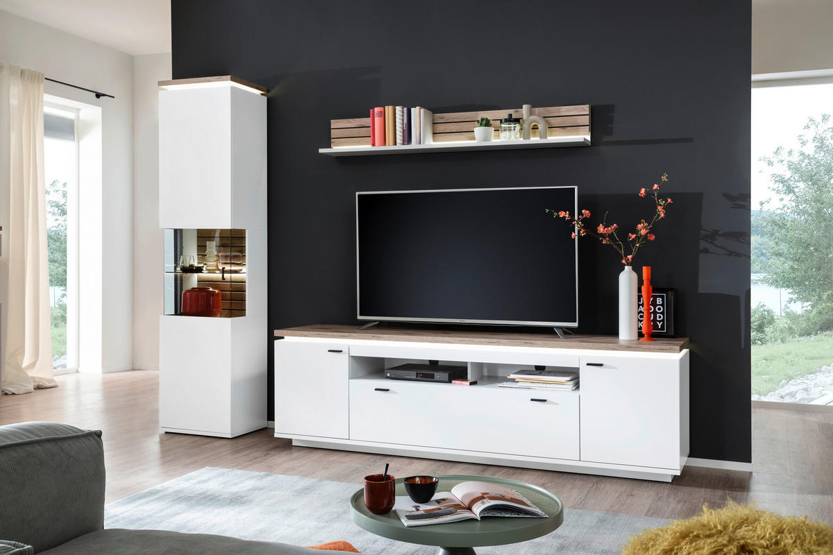 DNEVNI REGAL,  bela, barve hrasta  - barve hrasta/bela, Design, kovina/steklo (270/207/50cm) - Hom`in