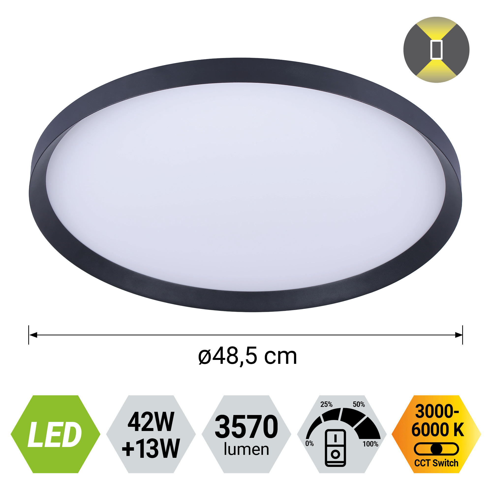 LED MENNYEZETI LÁMPA - fekete, Basics, műanyag/fém (6.5/48.5cm)