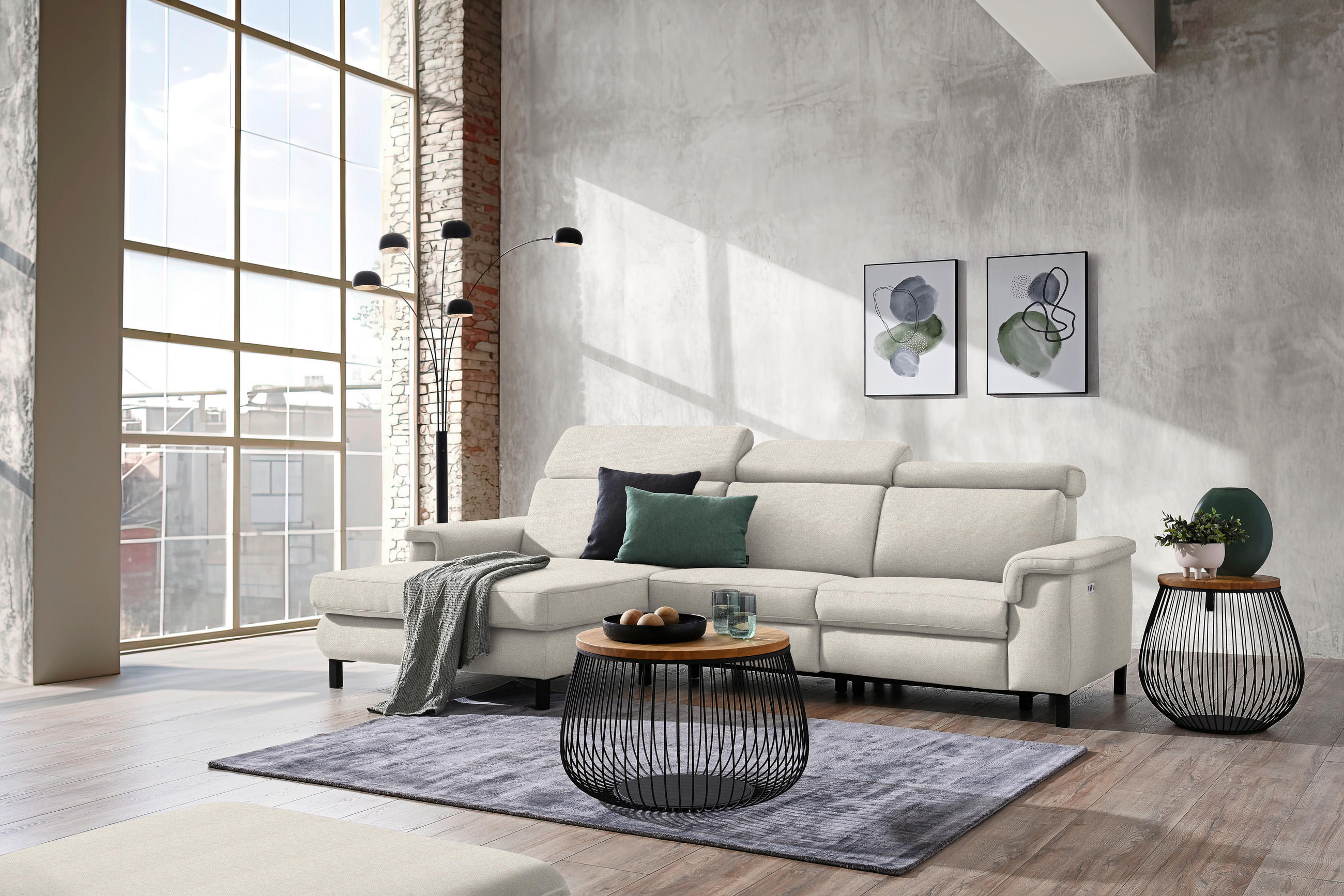 ECKSOFA in Flachgewebe Beige  - Beige/Schwarz, Konventionell, Textil/Metall (182/304cm) - Pure Home Comfort
