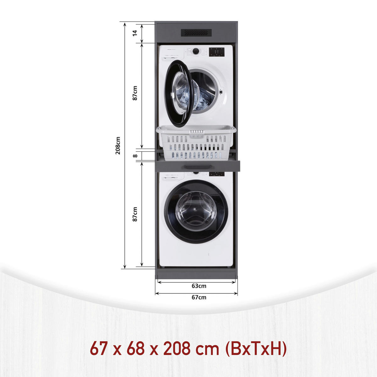 WASCHMASCHINENSCHRANK 67/208/68 cm  in Anthrazit  - Anthrazit/Schwarz, MODERN, Holzwerkstoff/Metall (67/208/68cm) - home24