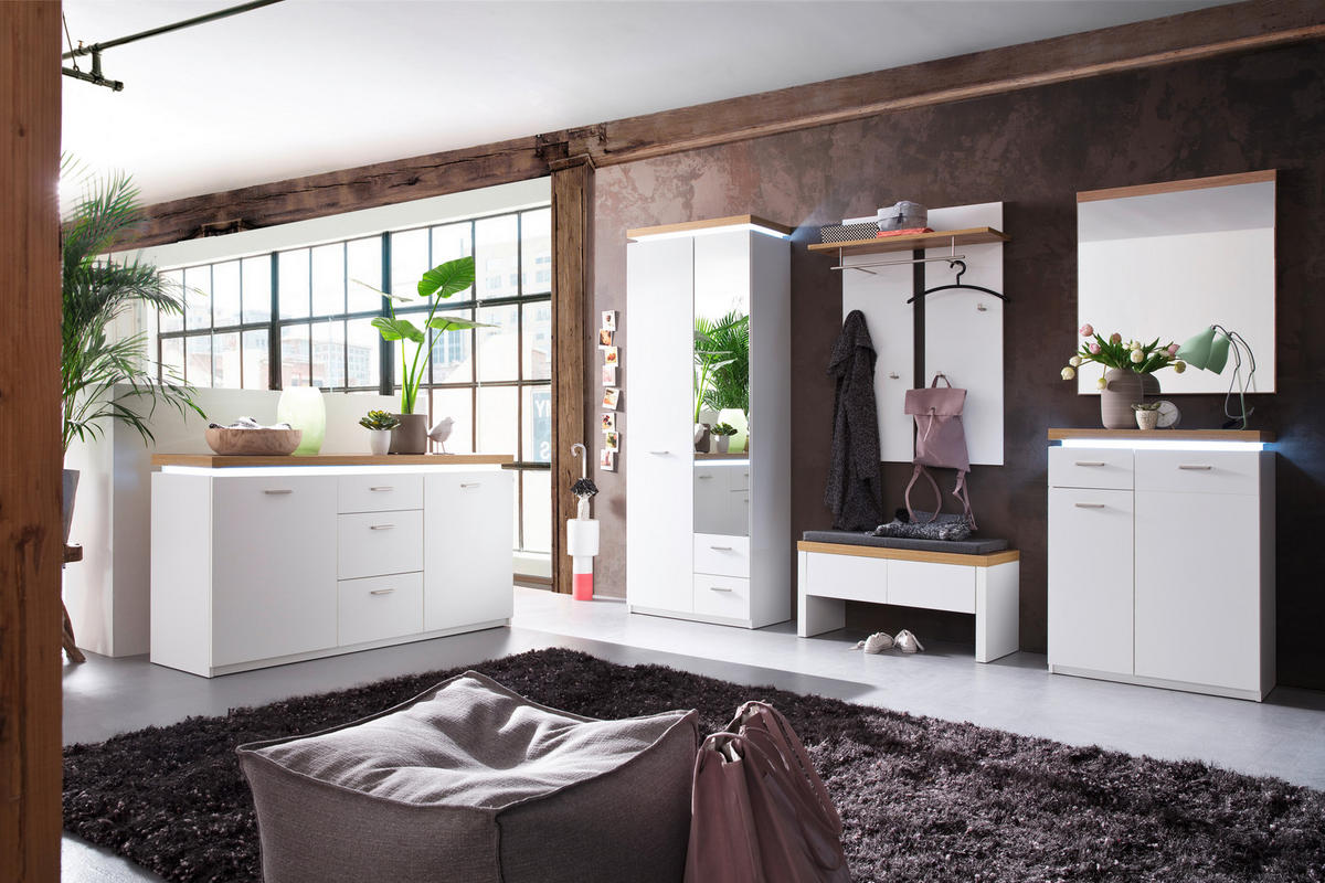 GARDEROBE 5-teilig 261/201/38 cm  - Weiss/Eichefarben, Natur, Glas/Holzwerkstoff (261/201/38cm)