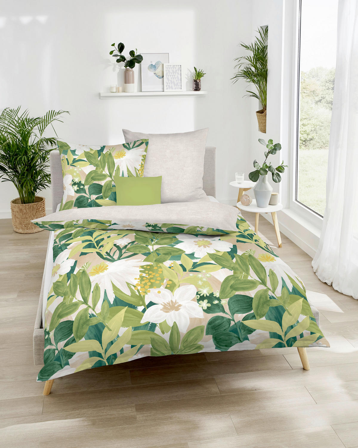 POSTELJNINA Botanik 140/200 cm saten svetlo zelena  - svetlo zelena, Konvencionalno, tekstil (140/200cm) - Kaeppel