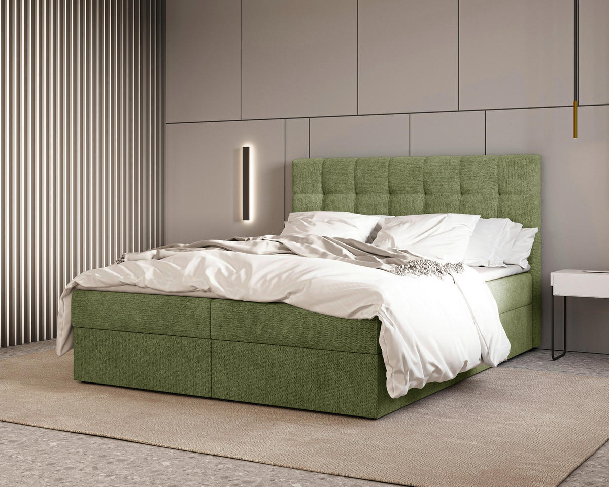 BOXBETT 160/200 cm,  in Dunkelgrün, Bettkasten, Topper, H2 + H3 = mittel + fest  - Dunkelgrün/Schwarz, MODERN, Holz/Kunststoff (160/200cm) - Livetastic