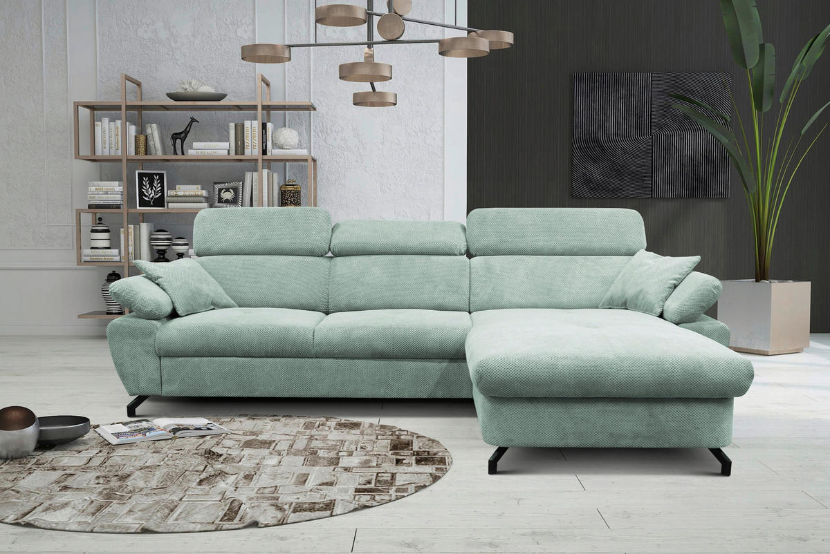 ECKSOFA OMEGA in Chenille Mintgrün  280/186 cm  - Schwarz/Mintgrün, Design, Textil/Metall (280/186cm) - MID.YOU