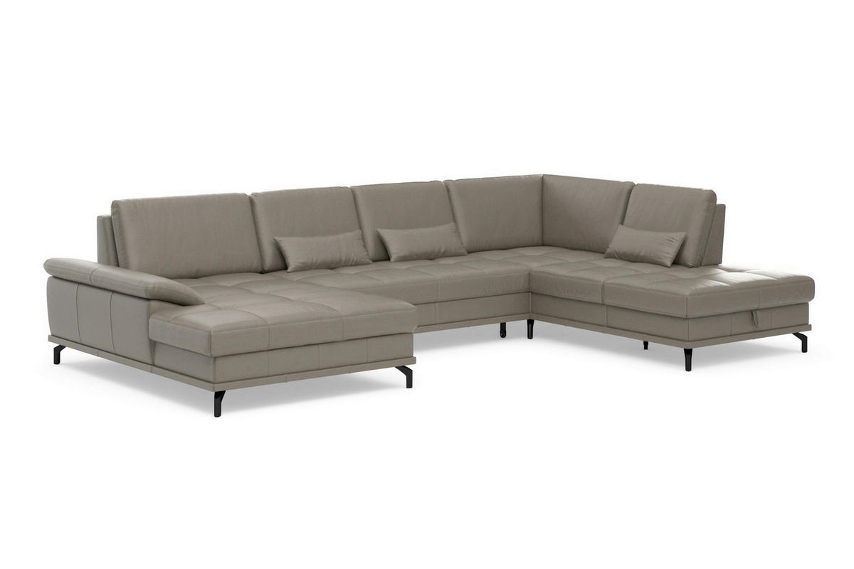 WOHNLANDSCHAFT COSTELLO E Grau Kombination Echtleder/Stoff Mikrofaser  - Schwarz/Grau, Basics, Leder/Textil (176/363/223cm) - Sit & More