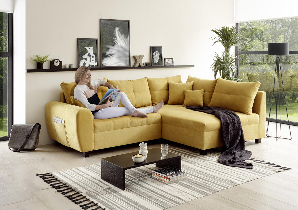 ECKSOFA in Mikrovelours Gelb  - Gelb/Schwarz, Basics, Holzwerkstoff/Kunststoff (248/176cm) - MID.YOU