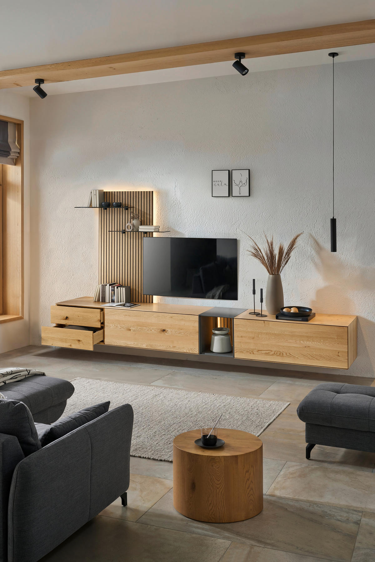 WOHNWAND  in Anthrazit, Eichefarben  342/204/50 cm LED-Leuchtmittel   - Eichefarben/Anthrazit, Design, Glas/Holz (342/204/50cm) - Dieter Knoll