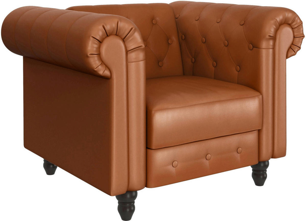 SESSEL in Lederlook Cognac  - Cognac/Schwarz, Basics, Holz/Textil (111/83/87cm) - Livetastic
