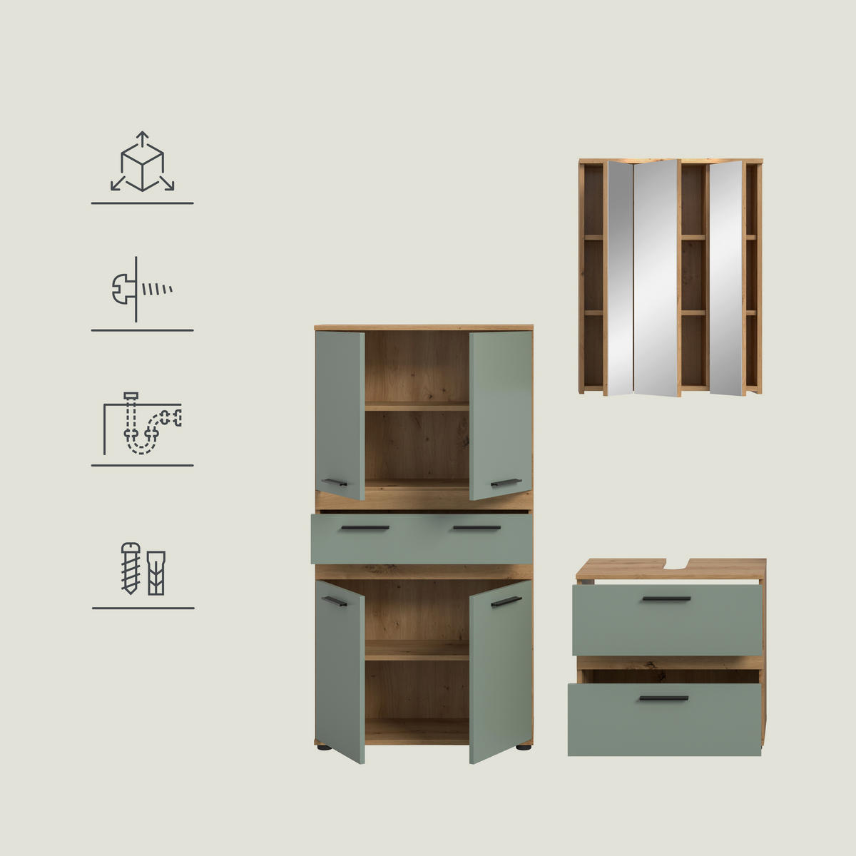 BADEZIMMER 3-teilig  in 145 cm  - Salbeigrün/Schwarz, Trend, Glas/Holzwerkstoff (145cm) - MID.YOU