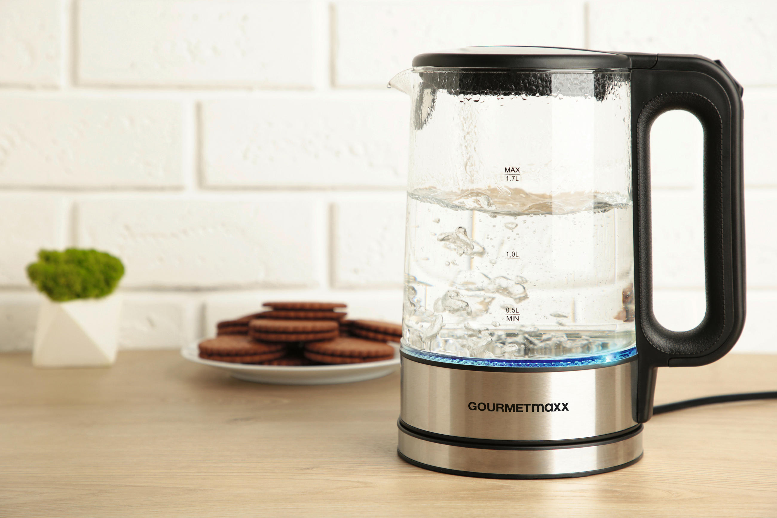 WASSERKOCHER GOURMETmaxx 1,7 L  - Edelstahlfarben/Schwarz, Basics, Glas/Kunststoff (21/15/24cm)