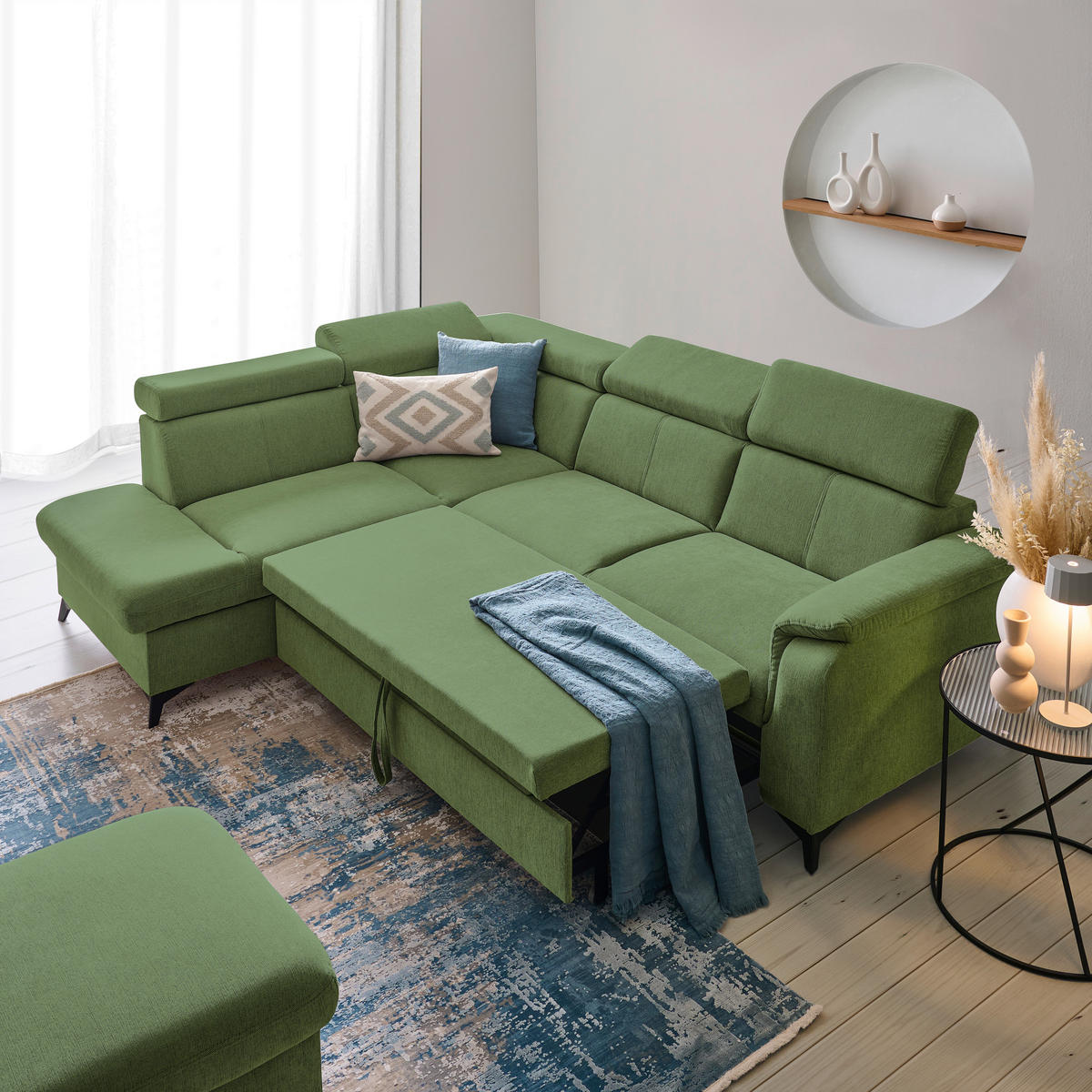 Ecksofa inkl. Funktionen in Chenille Hellgrün  - Schwarz/Hellgrün, Design, Textil/Metall (203/260cm) - Stylife
