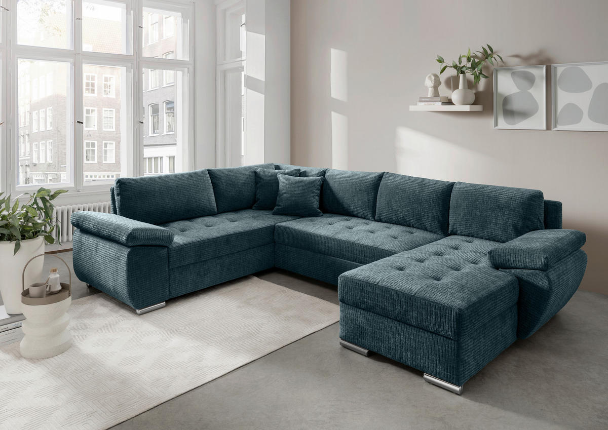 Wohnlandschaft Blau Mikrofaser  - Chromfarben/Blau, KONVENTIONELL, Textil (219/305/157cm) - Livetastic