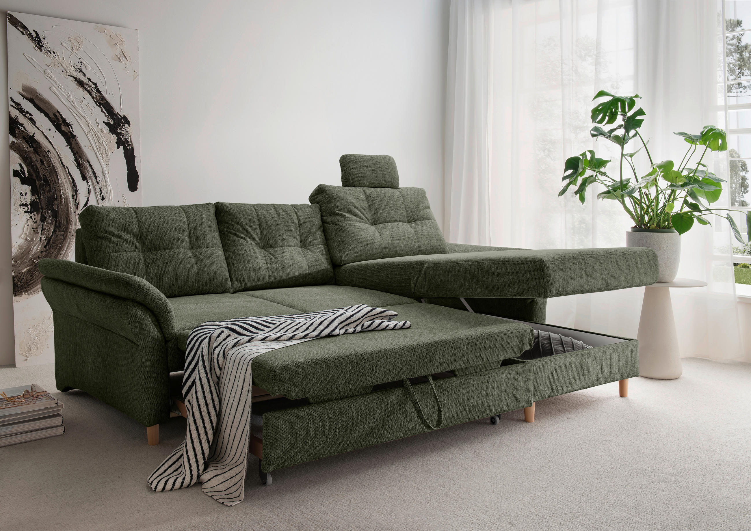 ECKSOFA Dunkelgrün Chenille  - Dunkelgrün/Naturfarben, MODERN, Holz/Textil (250/176cm) - Livetastic