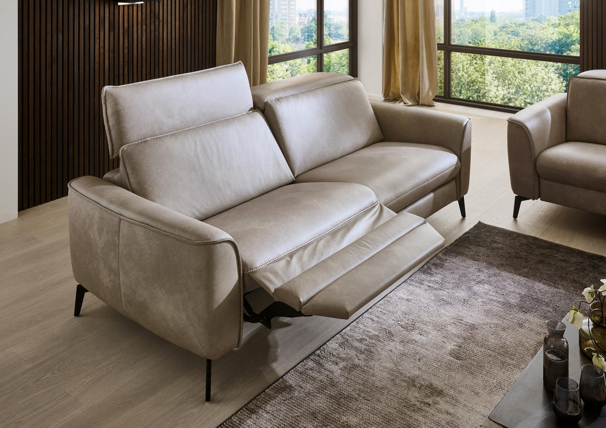 3-SITZER-SOFA in Echtleder Graubraun  - Graubraun/Schwarz, Natur, Leder/Metall (222/81/110cm) - Valdera