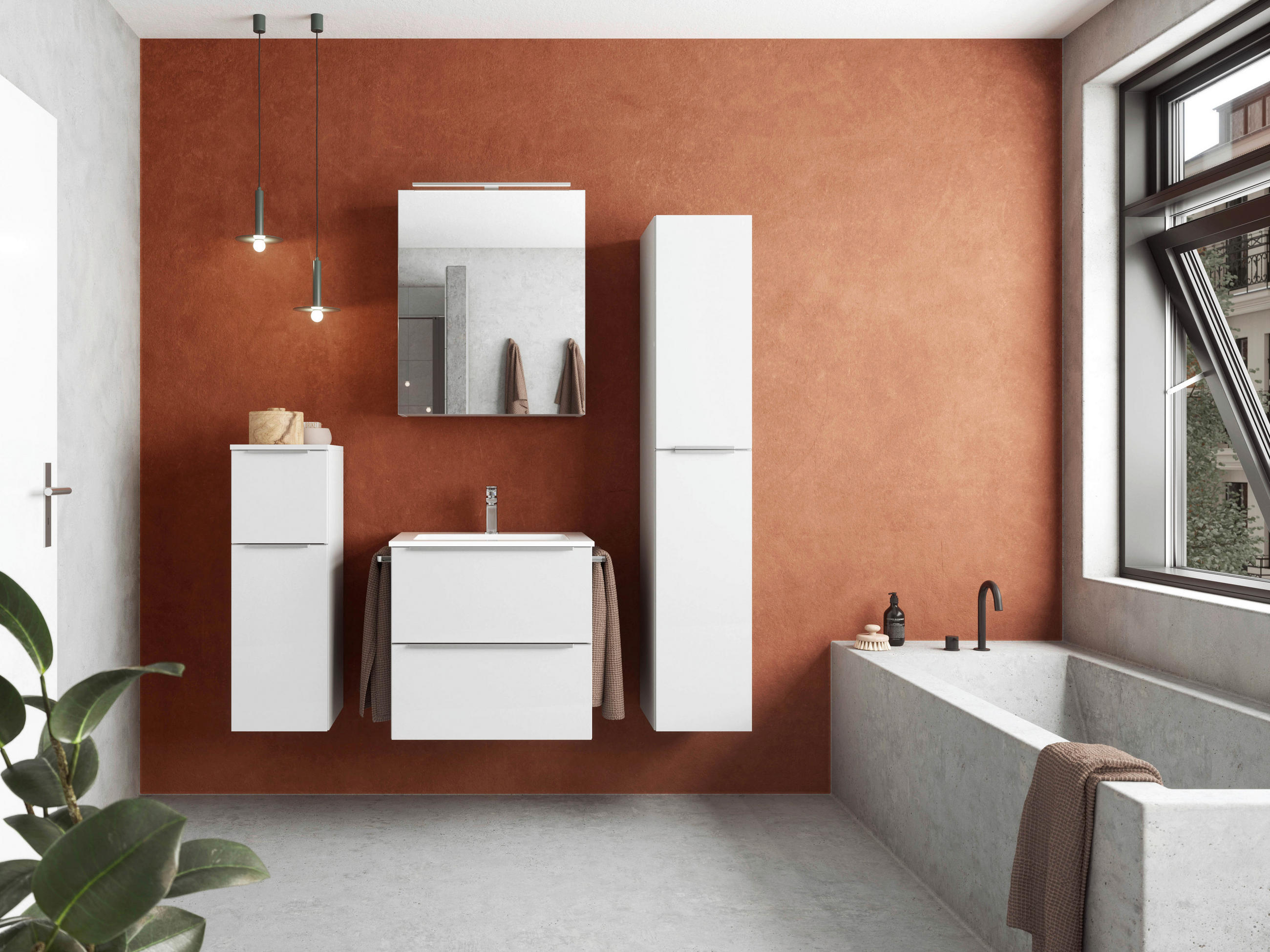 BADEZIMMER 5-teilig  in 121 cm  - Edelstahlfarben/Weiß Hochglanz, MODERN, Holzwerkstoff/Stein (121cm) - Nobilia