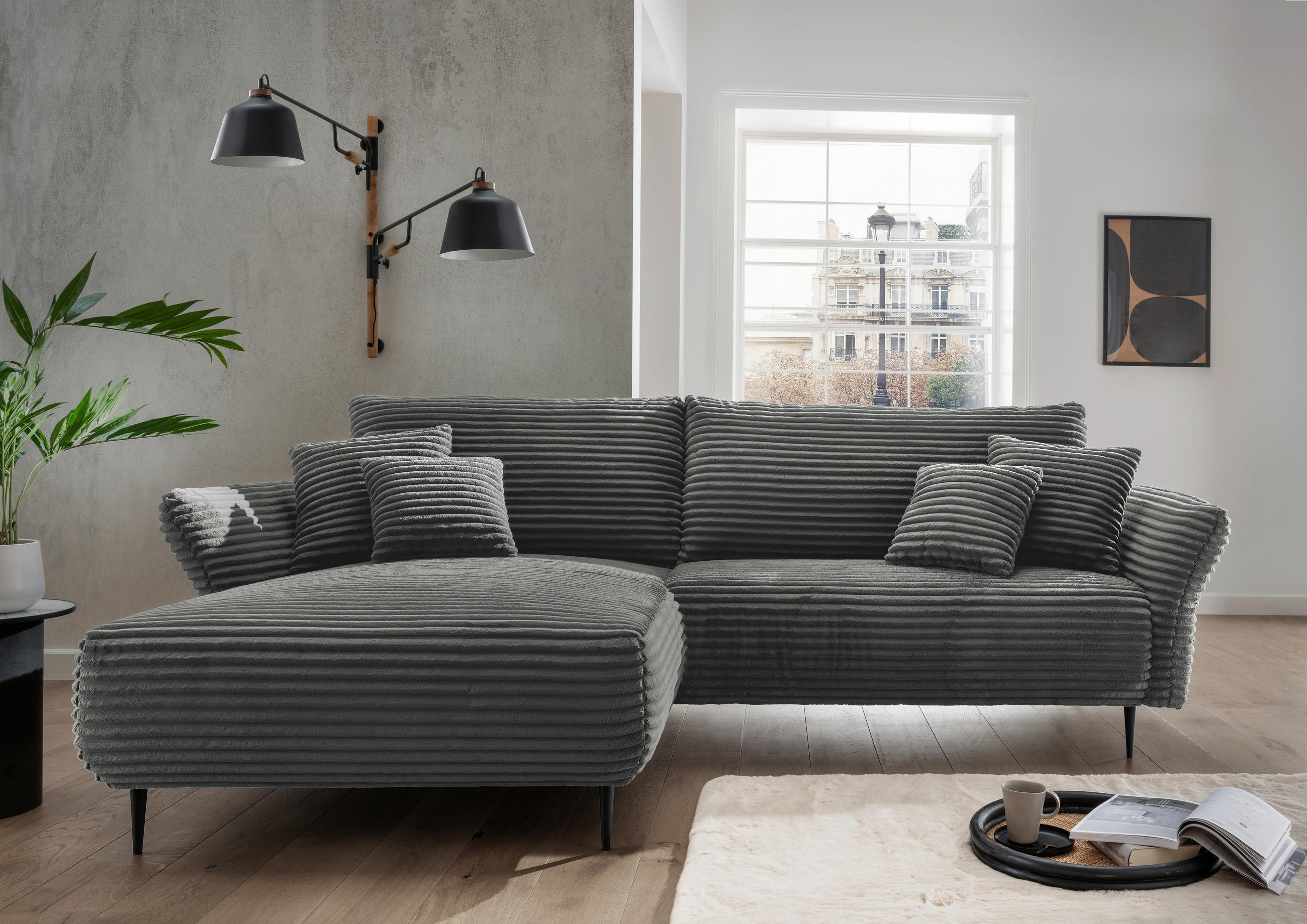 ECKSOFA Anthrazit Cord  - Anthrazit/Schwarz, Design, Textil/Metall (178/264-302cm) - Livetastic