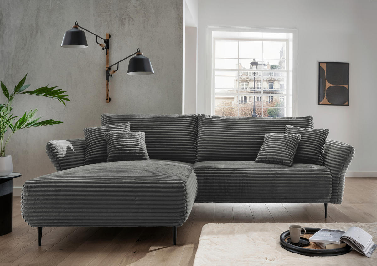 ECKSOFA in Cord Anthrazit  - Anthrazit/Schwarz, Design, Textil/Metall (178/264-302cm) - Livetastic