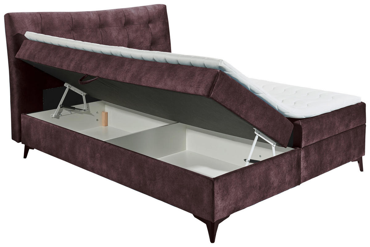 BOXBETT 180/200 cm,  in Aubergine, gepolstertes Kopfteil, Bettkasten, Topper,  - Aubergine/Schwarz, MODERN, Holzwerkstoff/Kunststoff (180/200cm) - MID.YOU