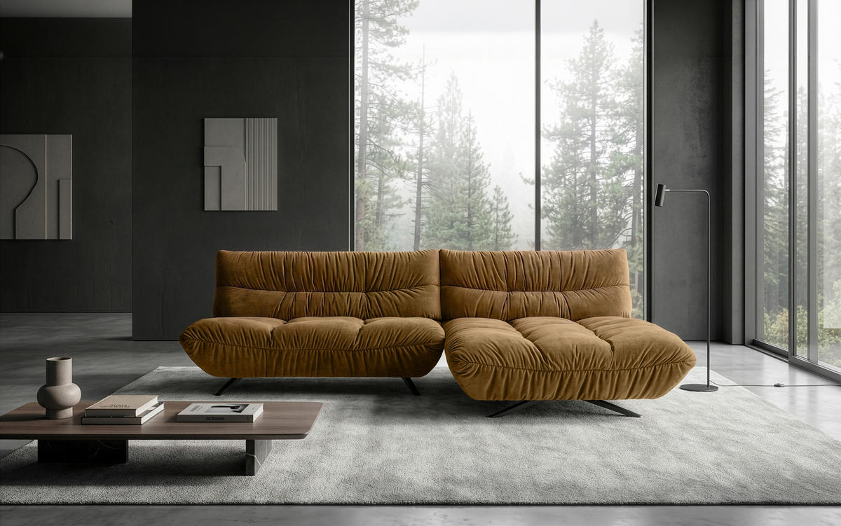 ECKSOFA Beigebraun Chenille Rücken echt, Sitztiefenverstellung  - Beigebraun/Schwarz, Design, Textil/Metall (295/178cm) - Belluti