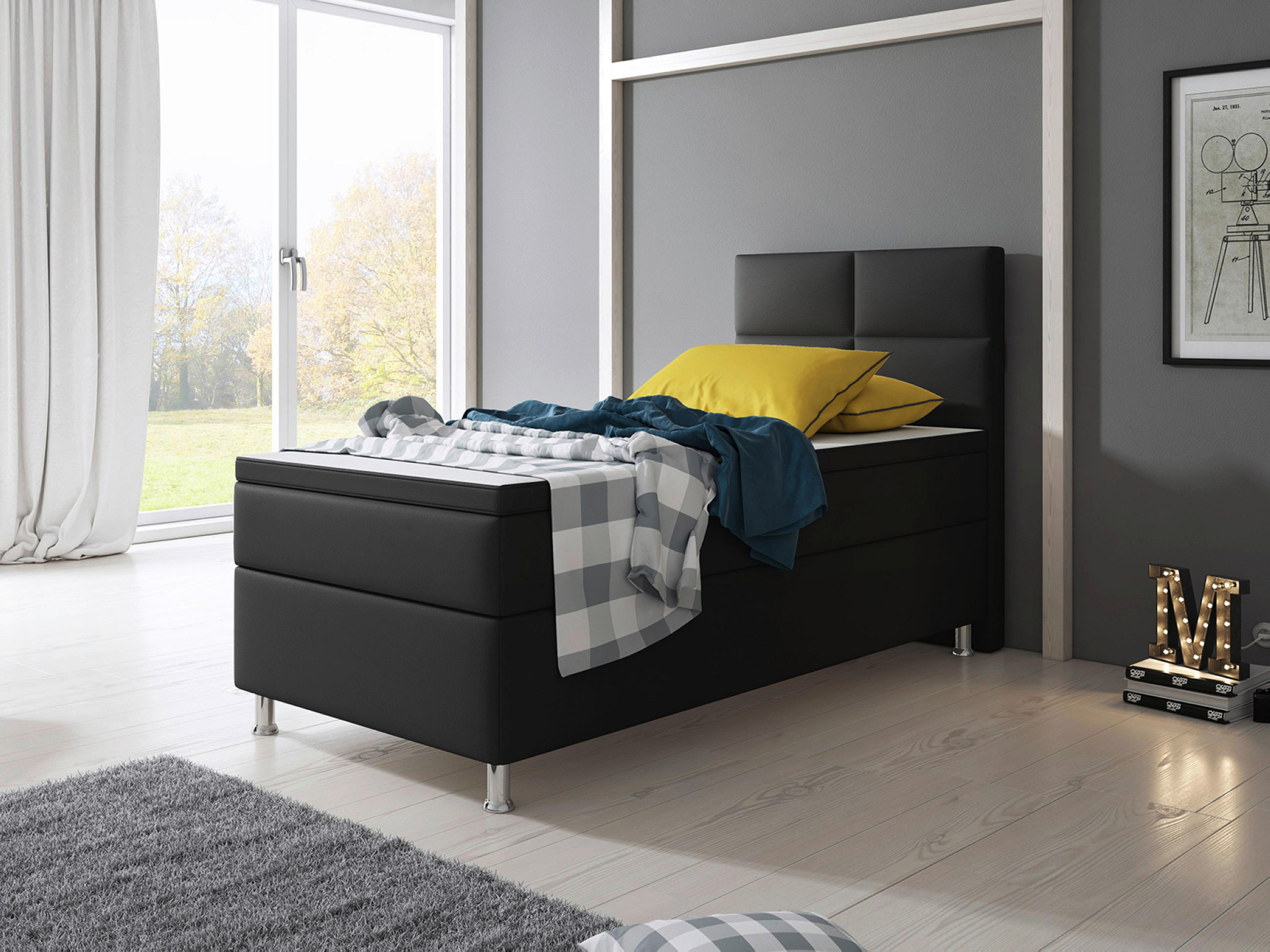 Boxspringbett mit Topper  in Schwarz  - Silberfarben/Schwarz, KONVENTIONELL, Leder/Textil (90/115/210cm) - MID.YOU