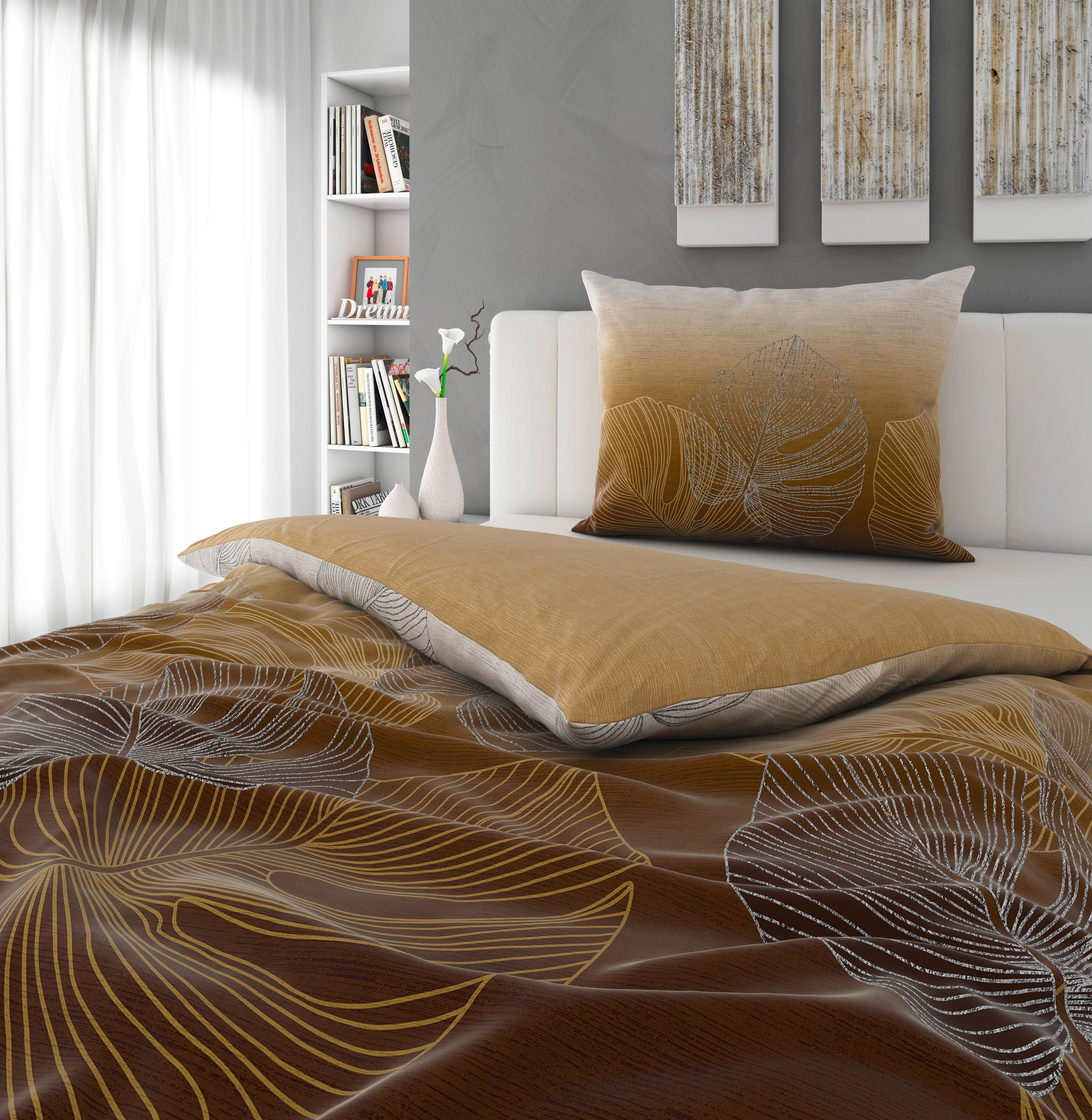 OBOJESTRANSKA POSTELJNINA METALLIC LEAF 140/200 cm saten večbarvno - večbarvno, Konvencionalno, tekstil (140/200cm) - Novel