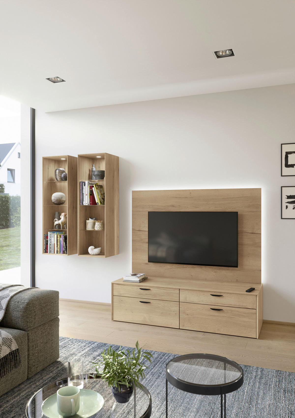 WOHNWAND  in Eichefarben  284/200/59,7 cm  - Eichefarben/Schwarz, Design, Glas/Holzwerkstoff (284/200/59,7cm) - Celina Home