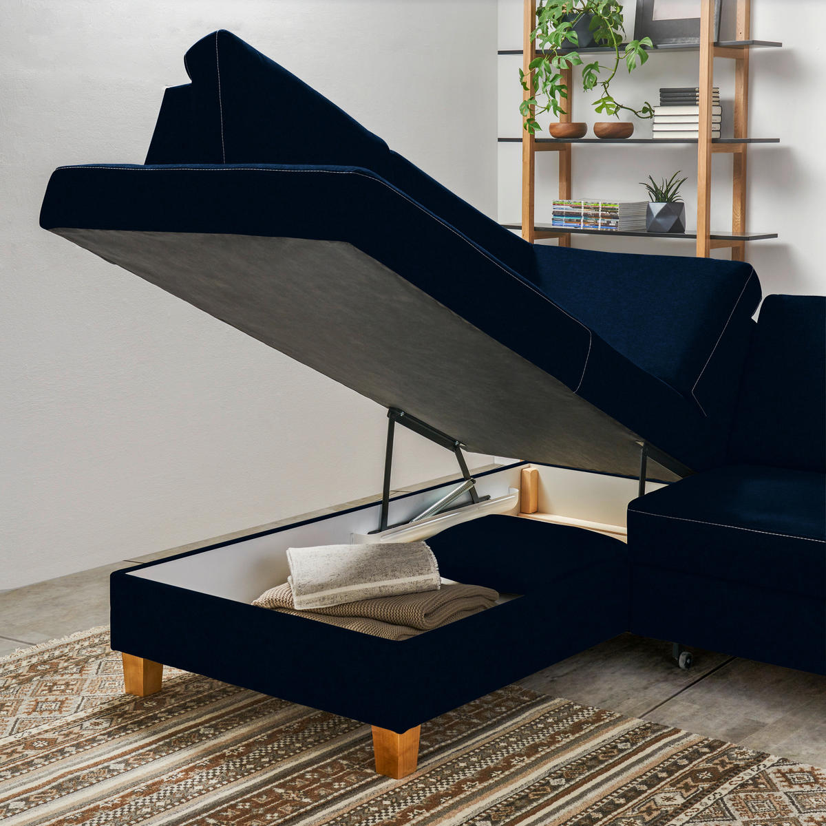 ECKSOFA in Flachgewebe Dunkelblau  - Eichefarben/Dunkelblau, Design, Holz/Textil (185/253cm) - Cantus