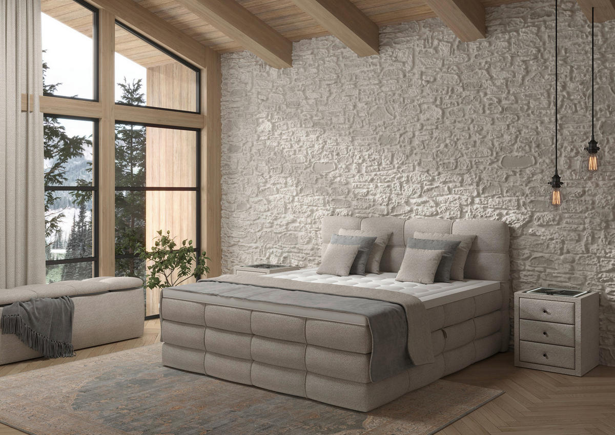 BOXSPRINGBETT 160/200 cm,  in Elfenbein, gepolstertes Kopfteil, Bettkasten, Topper, Matratzen, H3 + H3 = fest  - Elfenbein/Schwarz, Design, Kunststoff/Textil (160/200cm) - Chameo