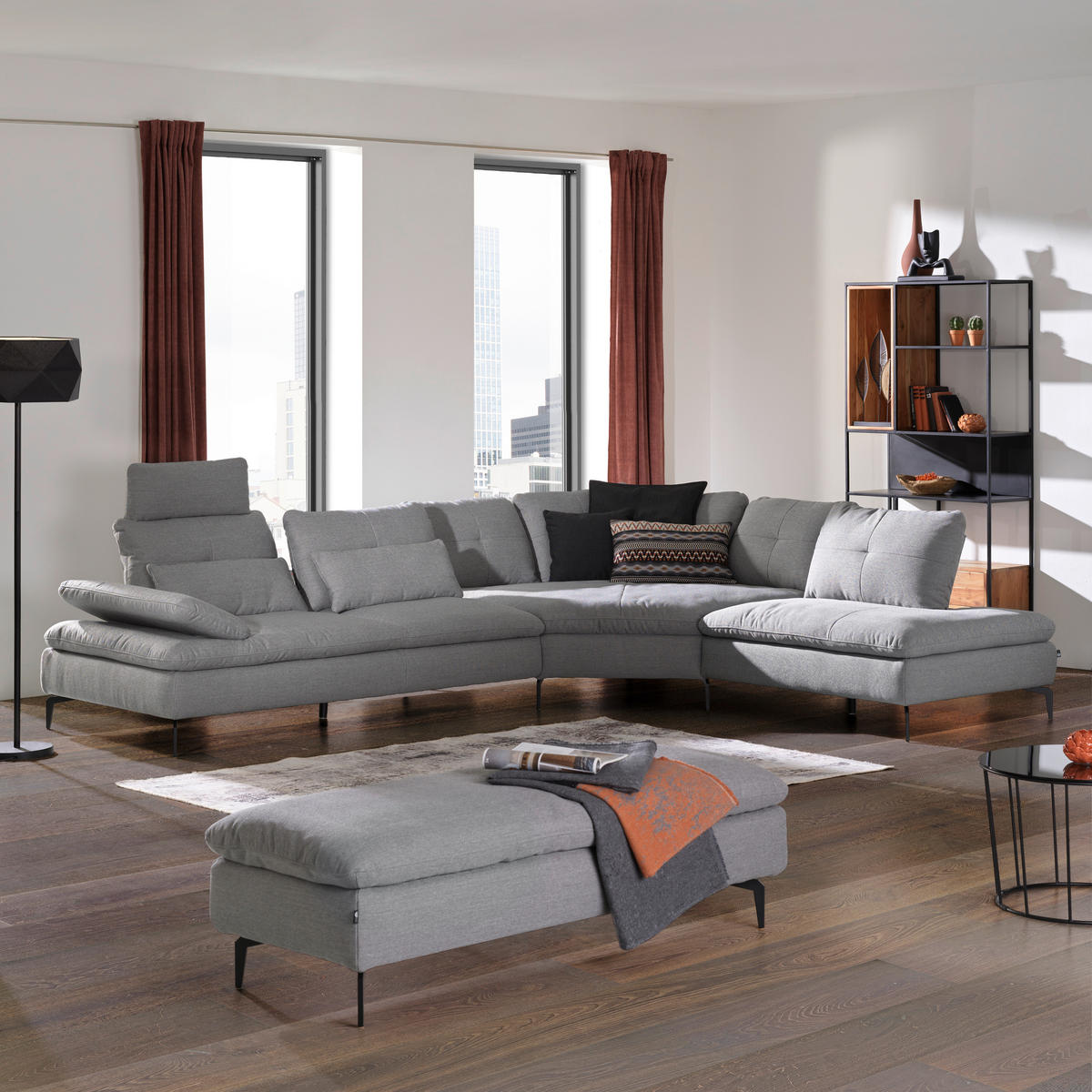 ECKSOFA in Flachgewebe Hellgrau  - Hellgrau/Schwarz, Design, Textil/Metall (271/344cm) - Chilliano