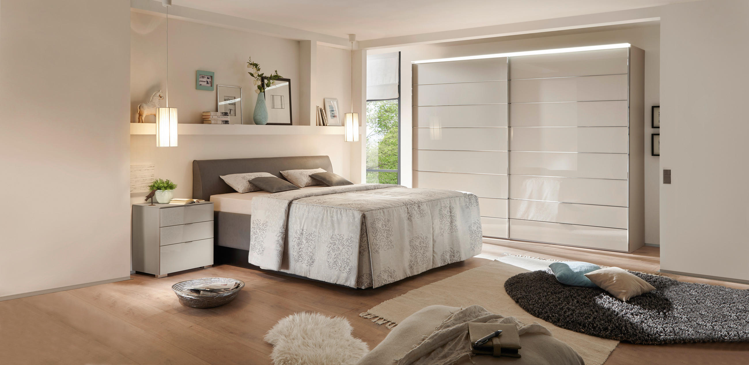 POLSTERBETT 180/200 cm,  in Grau, Matratze, gepolstertes Kopfteil, Lattenrost, Bettkasten, Tagesdecke, H2 + H2 = mittel  - Schlammfarben/Weiß, Design, Holzwerkstoff/Textil (180/200cm) - RUF Betten