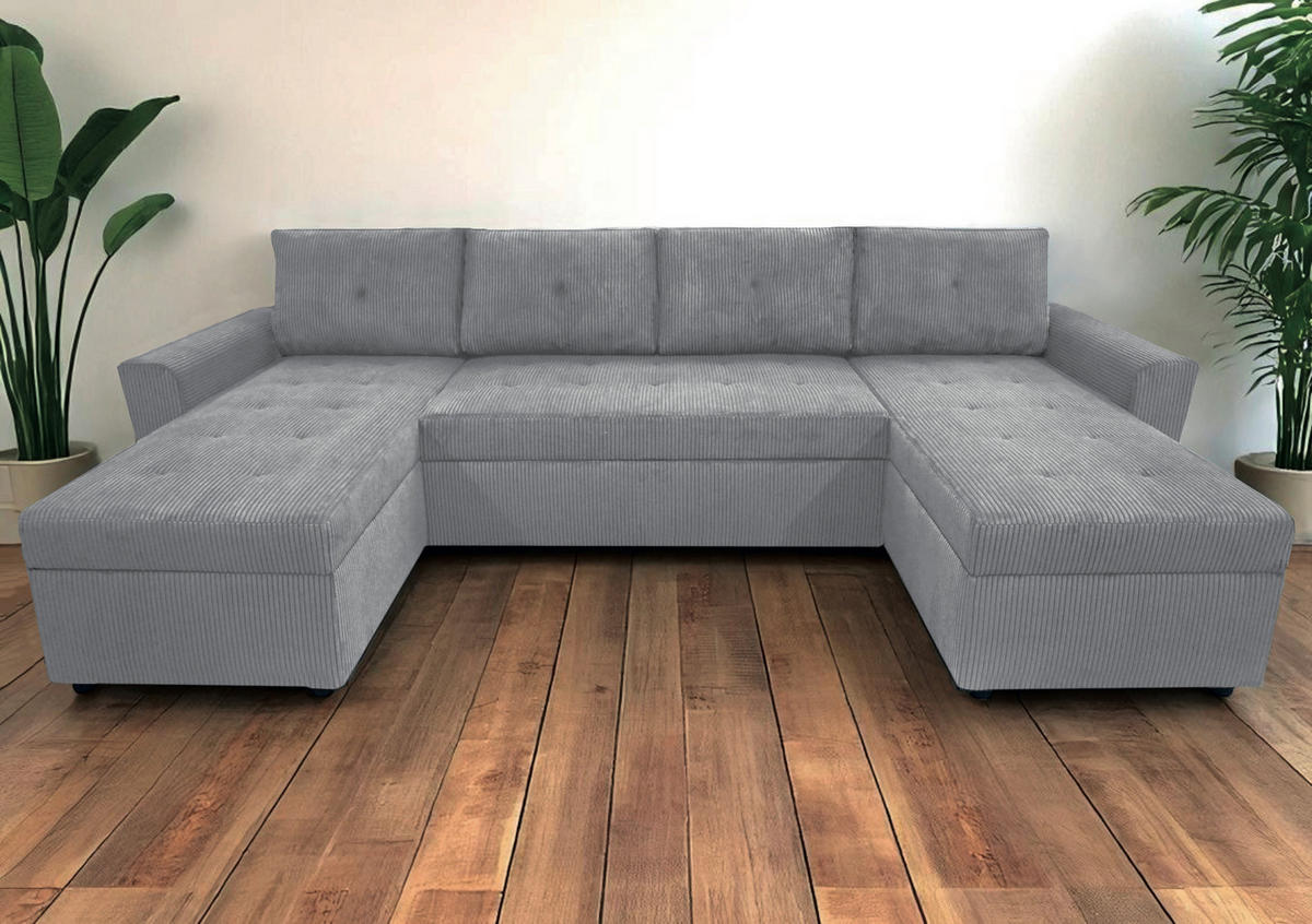 WOHNLANDSCHAFT Hellgrau Cord  - Hellgrau/Schwarz, Design, Kunststoff/Textil (155/294/155cm) - MID.YOU