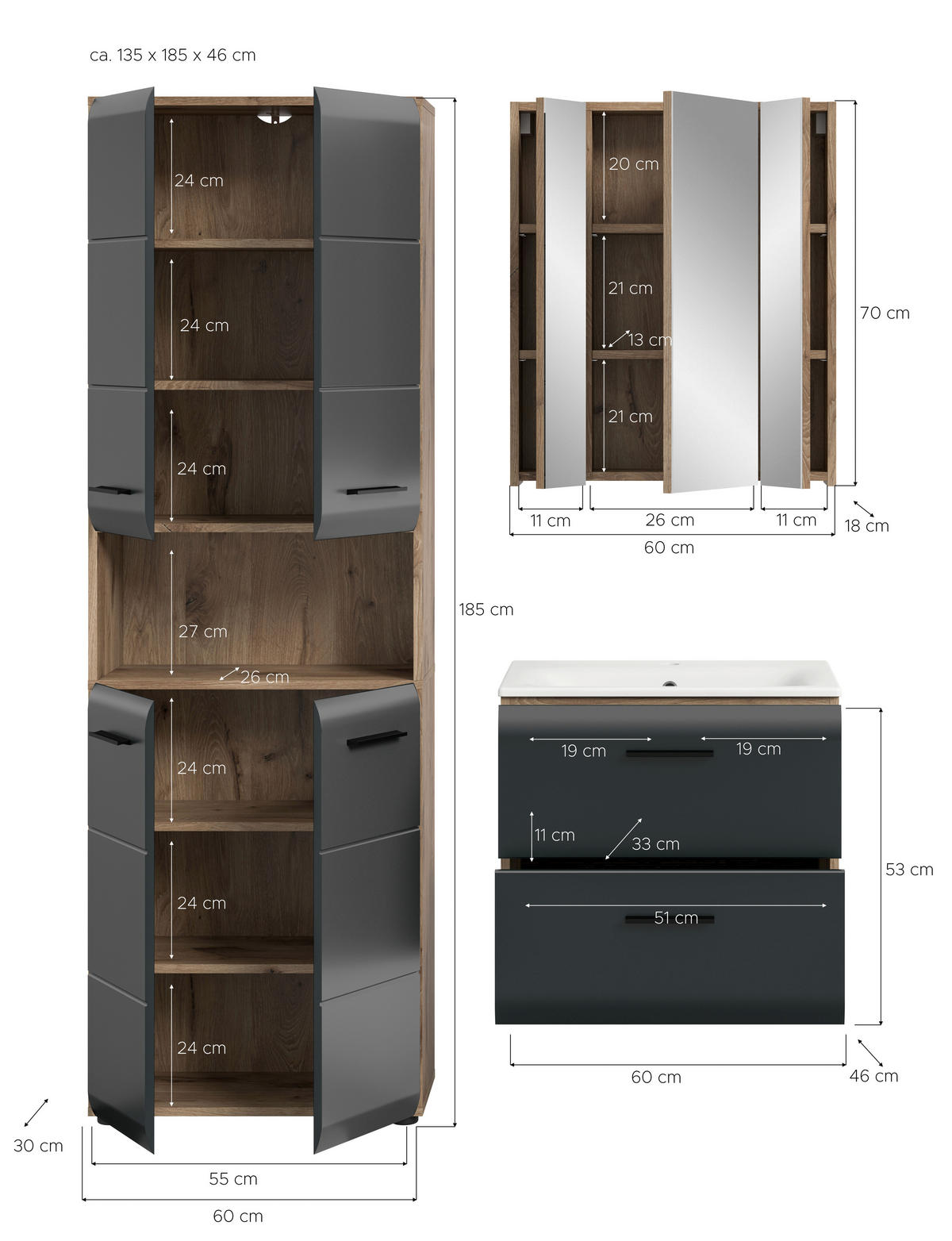 BADEZIMMER 3-teilig  in 120 cm  - Eiche dunkel/Schwarz, Basics, Keramik/Holzwerkstoff (120cm) - MID.YOU