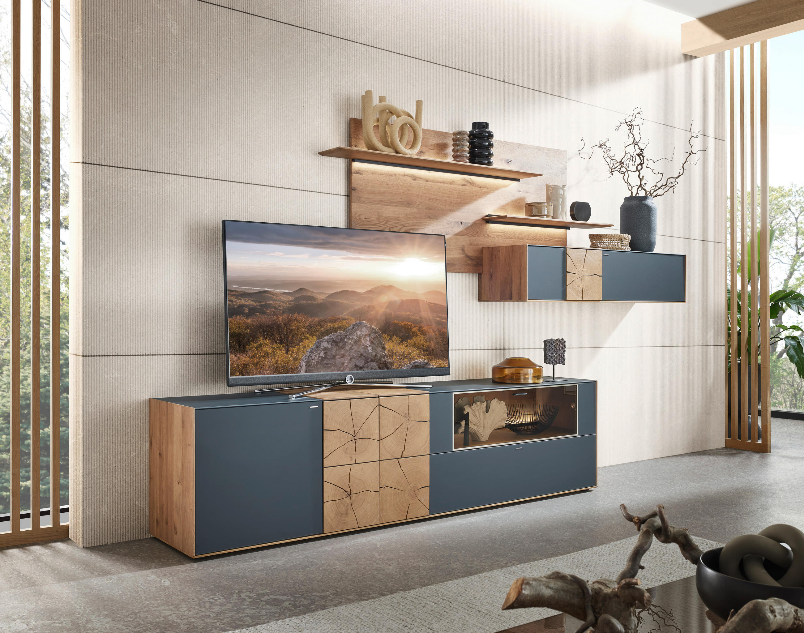 WOHNWAND in Anthrazit, Eichefarben 327/196/49 cm - Eichefarben/Anthrazit, Design, Glas/Holz (327/196/49cm) - Valnatura