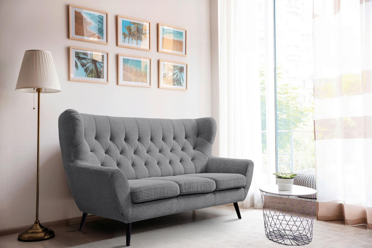 3-SITZER-SOFA Cord Hellgrau  - Hellgrau/Schwarz, Design, Holz/Textil (187/101/95cm) - Stylife