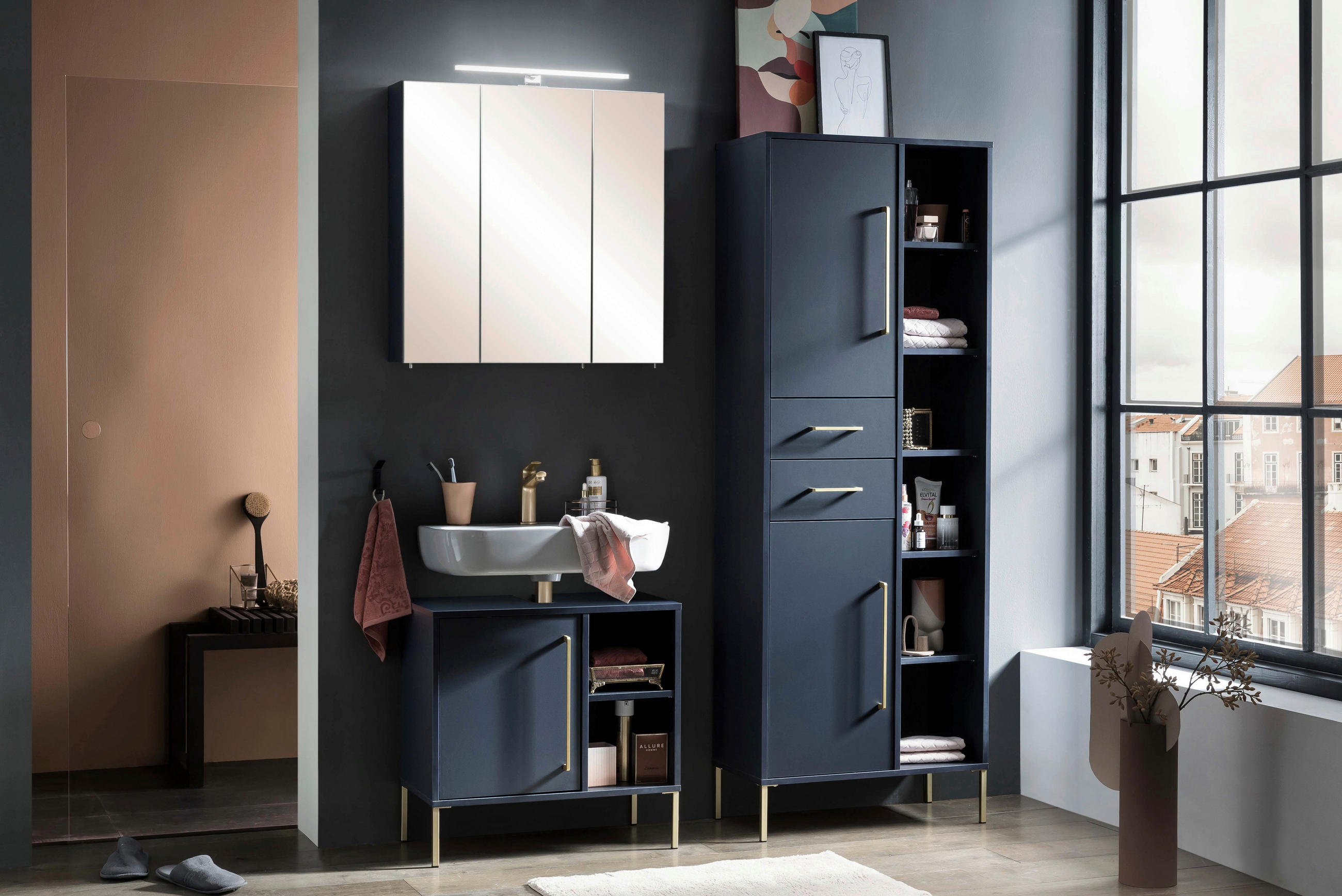 HOCHSCHRANK 67,1/184,3/33,1 cm  - Goldfarben/Dunkelblau, MODERN, Holzwerkstoff/Metall (67,1/184,3/33,1cm) - Stylife