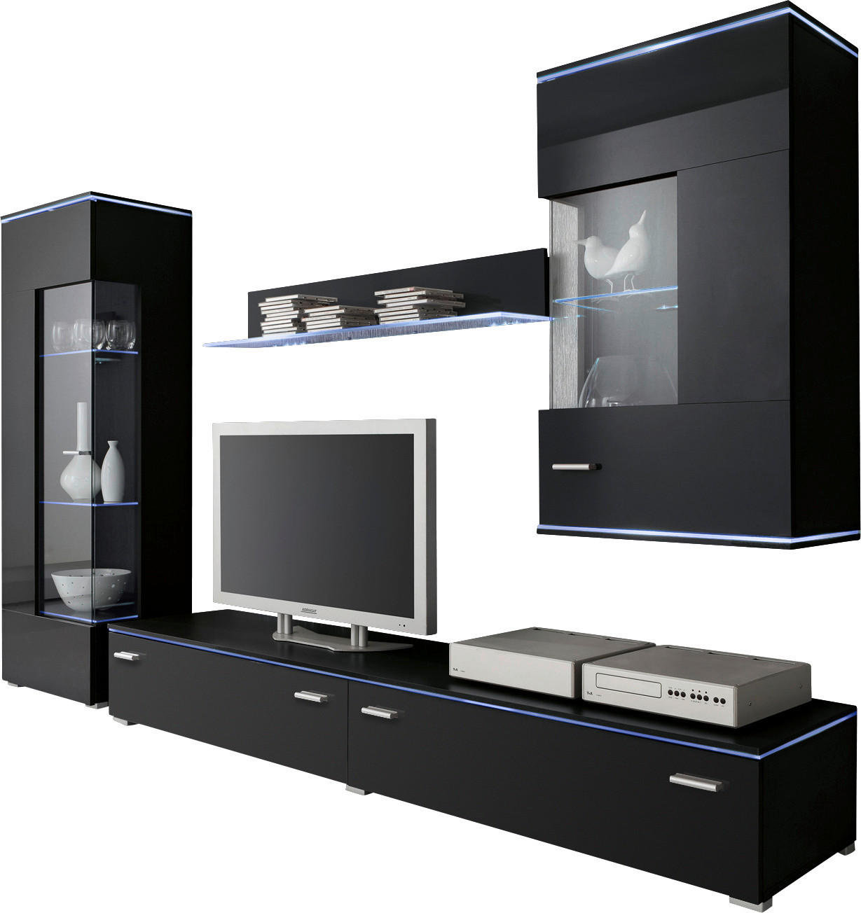 WOHNWAND  in Schwarz  230/148/42 cm  - Silberfarben/Schwarz, Design, Glas/Holzwerkstoff (230/148/42cm) - Livetastic