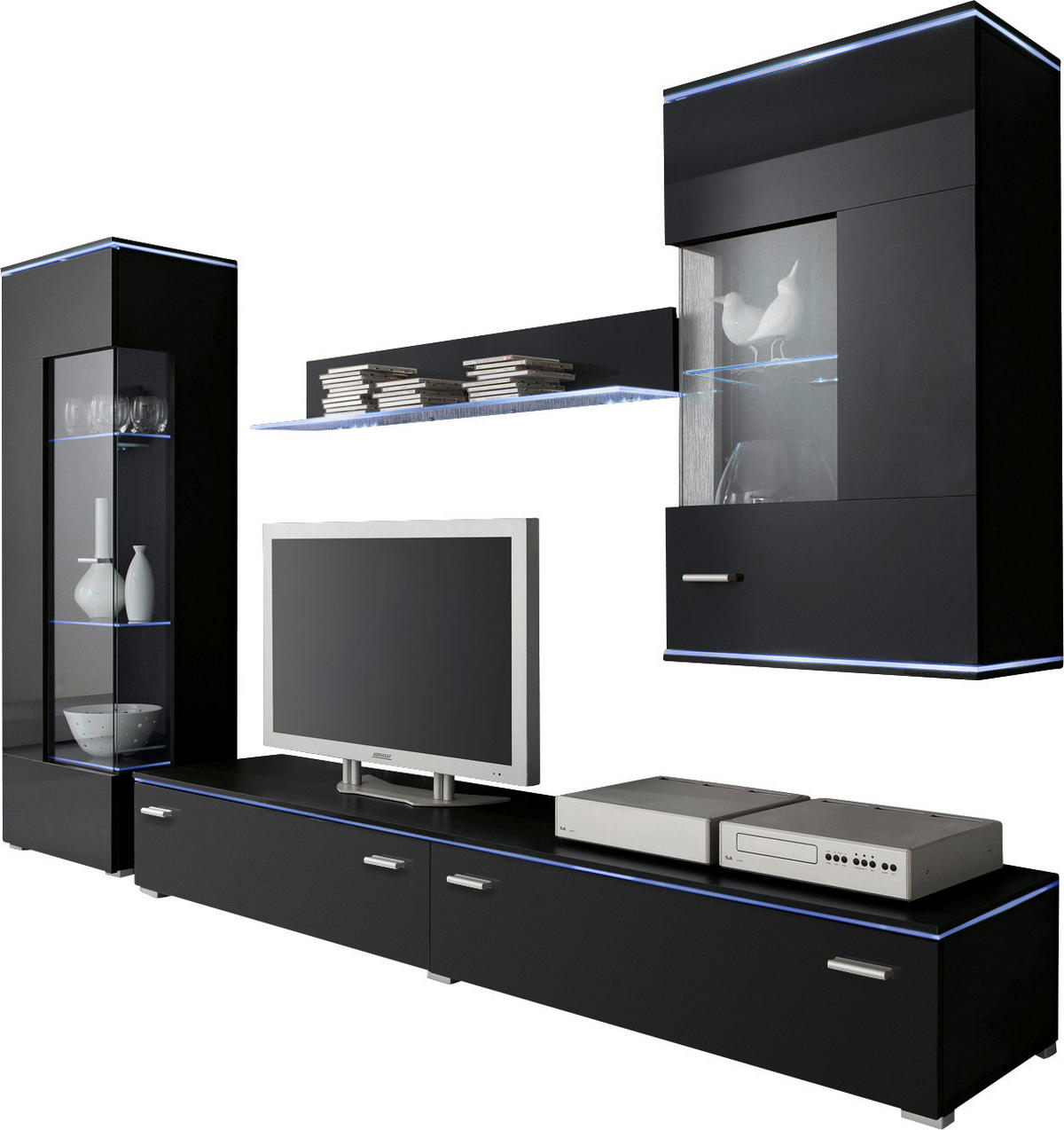 WOHNWAND  in Schwarz  230/148/42 cm  - Silberfarben/Schwarz, Design, Glas/Holzwerkstoff (230/148/42cm) - Livetastic