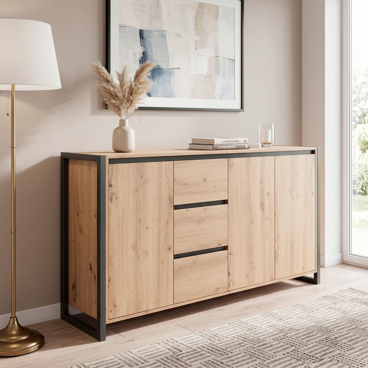 KOMMODE , 160/88/40 cm, 3 Schublade(n)  - Eichefarben/Anthrazit, KONVENTIONELL, Holzwerkstoff (160/88/40cm) - MID.YOU
