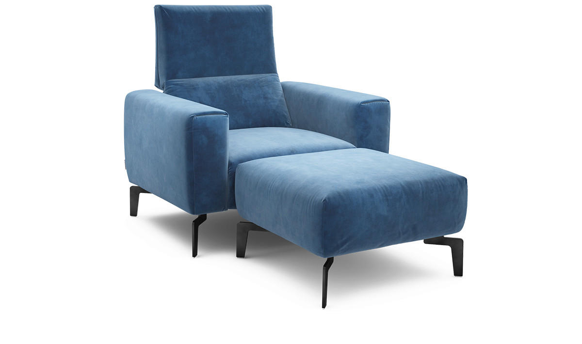 Sessel inkl. Hocker in Samt Blau  - Blau/Schwarz, Design, Textil/Metall (110/85/86-94cm) - SENSOO