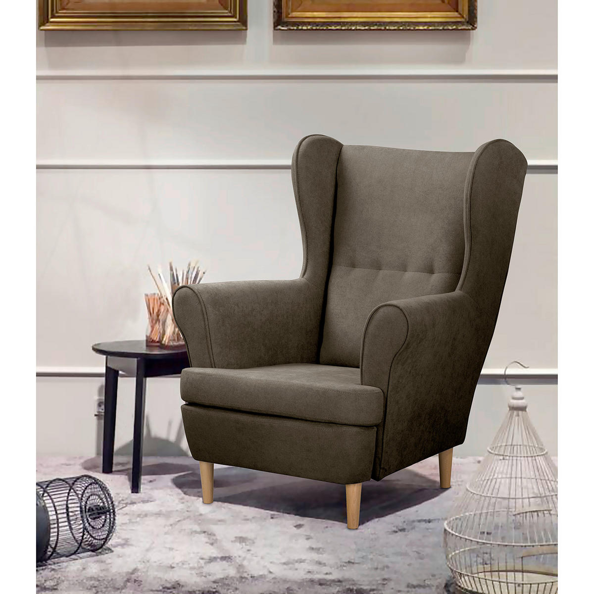 OHRENSESSEL Mikrofaser Braun  - Naturfarben/Braun, Design, Holz/Textil (87/105/90cm) - Livetastic