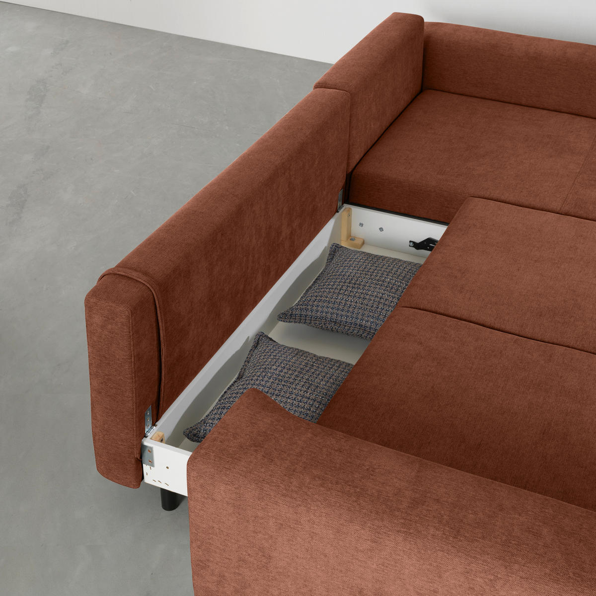 ECKSOFA inkl. Funktionen Terracotta Webstoff Rückenkissen, Bettkasten, Schlaffunktion, Rücken echt  - Wengefarben/Terracotta, Design, Holz/Textil (314/211cm) - Stylife