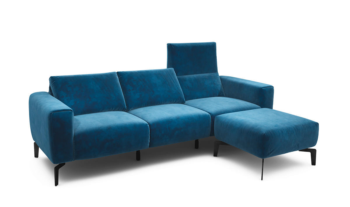 Dreisitzer inkl. Hocker Samt Blau  - Blau/Schwarz, Design, Textil/Metall (250/86/86-94cm) - SENSOO