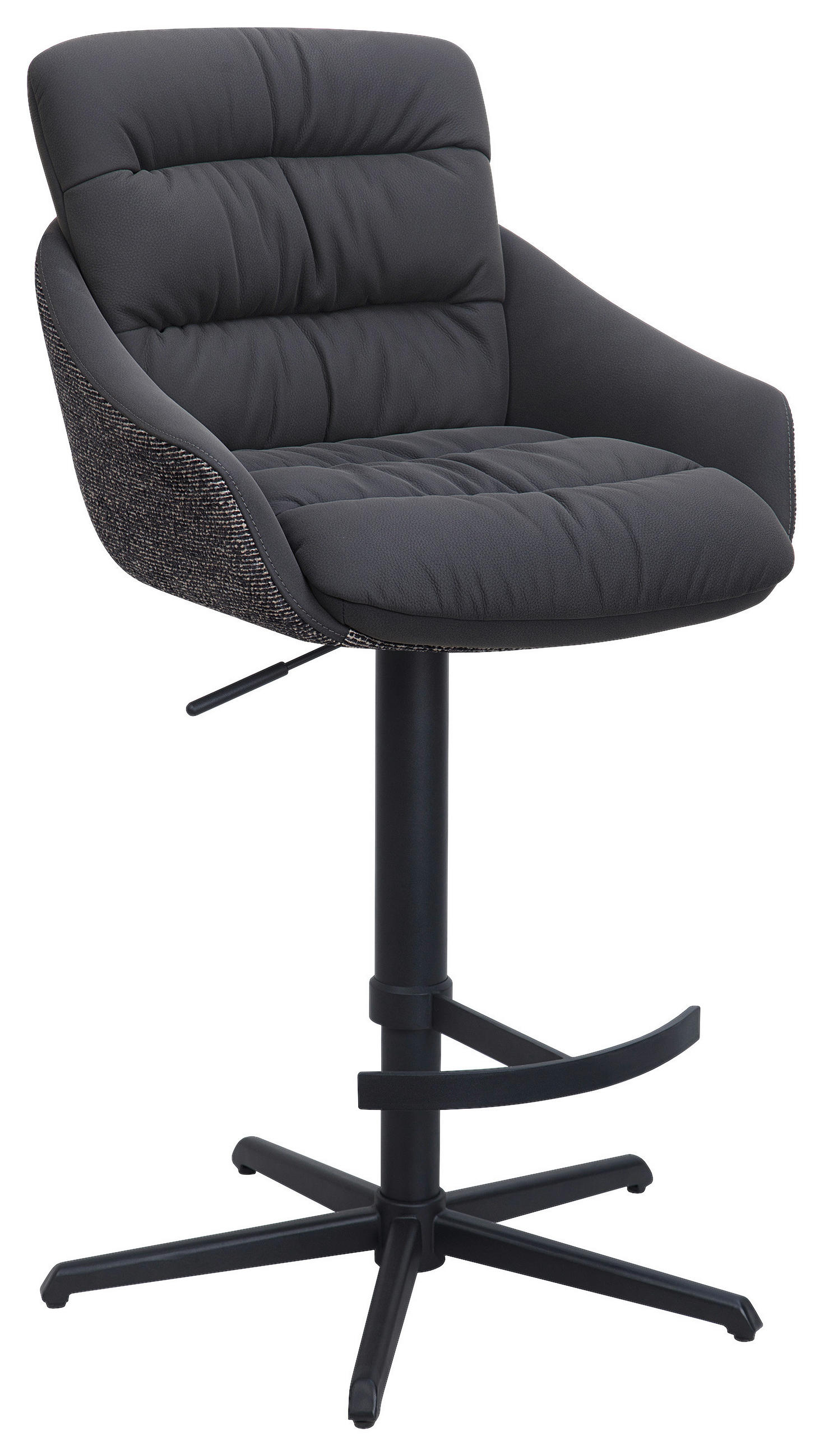 BARHOCKER Webstoff Echtleder Schwarz Stahl Sitzfläche 360° drehbar, inklusive Armlehnen, automatische Rückholfunktion  - Schwarz, Design, Leder/Textil (58/103/120/61cm) - Dieter Knoll