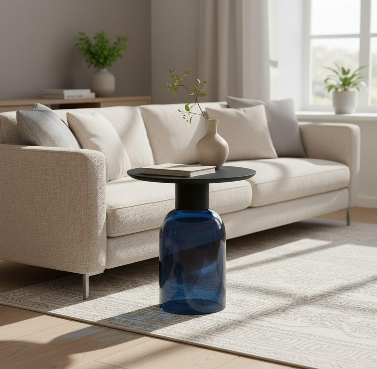 BEISTELLTISCH 50/50/55 cm Mangoholz Hartholz Schwarz, Dunkelblau rund  - Schwarz/Dunkelblau, Basics, Glas/Holz (50/50/55cm) - MID.YOU