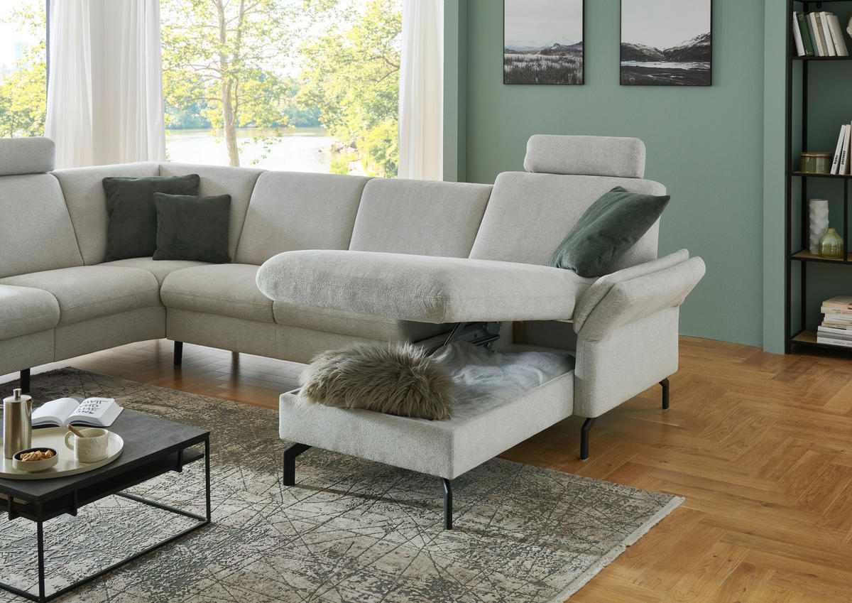 WOHNLANDSCHAFT Flachgewebe Ecru  - Ecru/Schwarz, Konventionell, Textil/Metall (190/307/170cm) - Beldomo Comfort